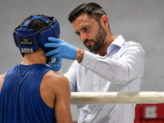 Ein Ringarzt untersucht in einer Unterbrechung dews Kampfes einen verletzten Boxer an den Ringseilen