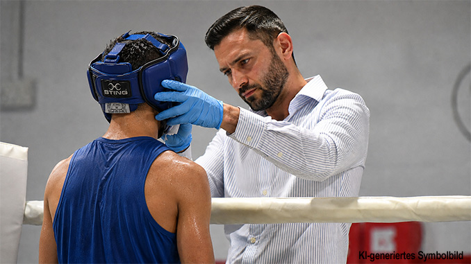 Ein Ringarzt untersucht in einer Unterbrechung dews Kampfes einen verletzten Boxer an den Ringseilen